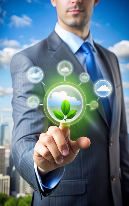 Businessman touching icon of CO2 depicting the issue and reduce CO2 emissions carbon on business working